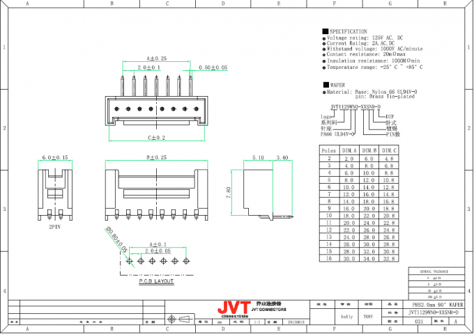 Il singolo cavo di fila di JVT PHS 2.0mm per imbarcarsi sui connettori di stile della piegatura con assicura i dispositivi di bloccaggio